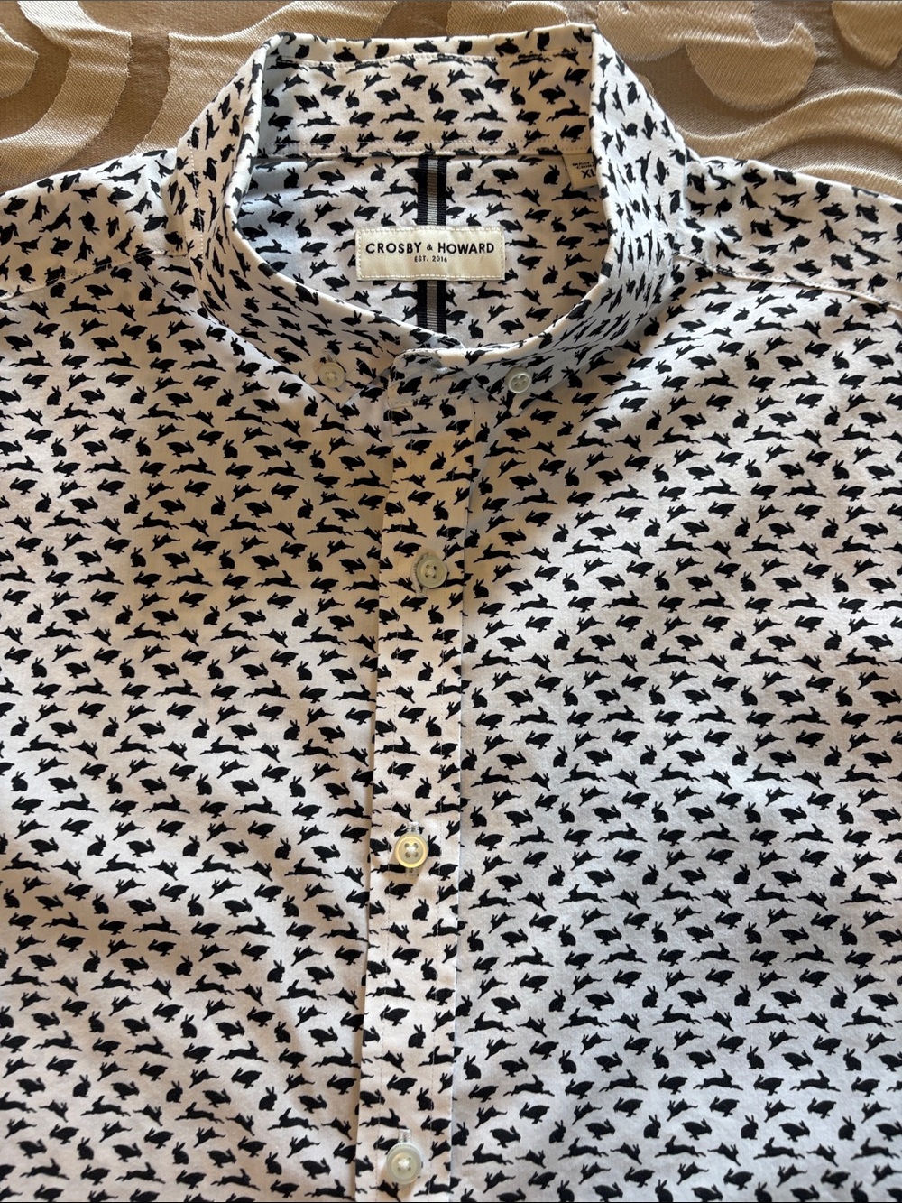 White Button-Down Shirt with Black Rabbit Print XL.